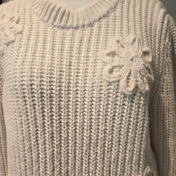 Rails Romy Cream Floral Daisy Applique Chunky Knit Cotton Puff Sleeve Sweater, M - Picture 6 of 11